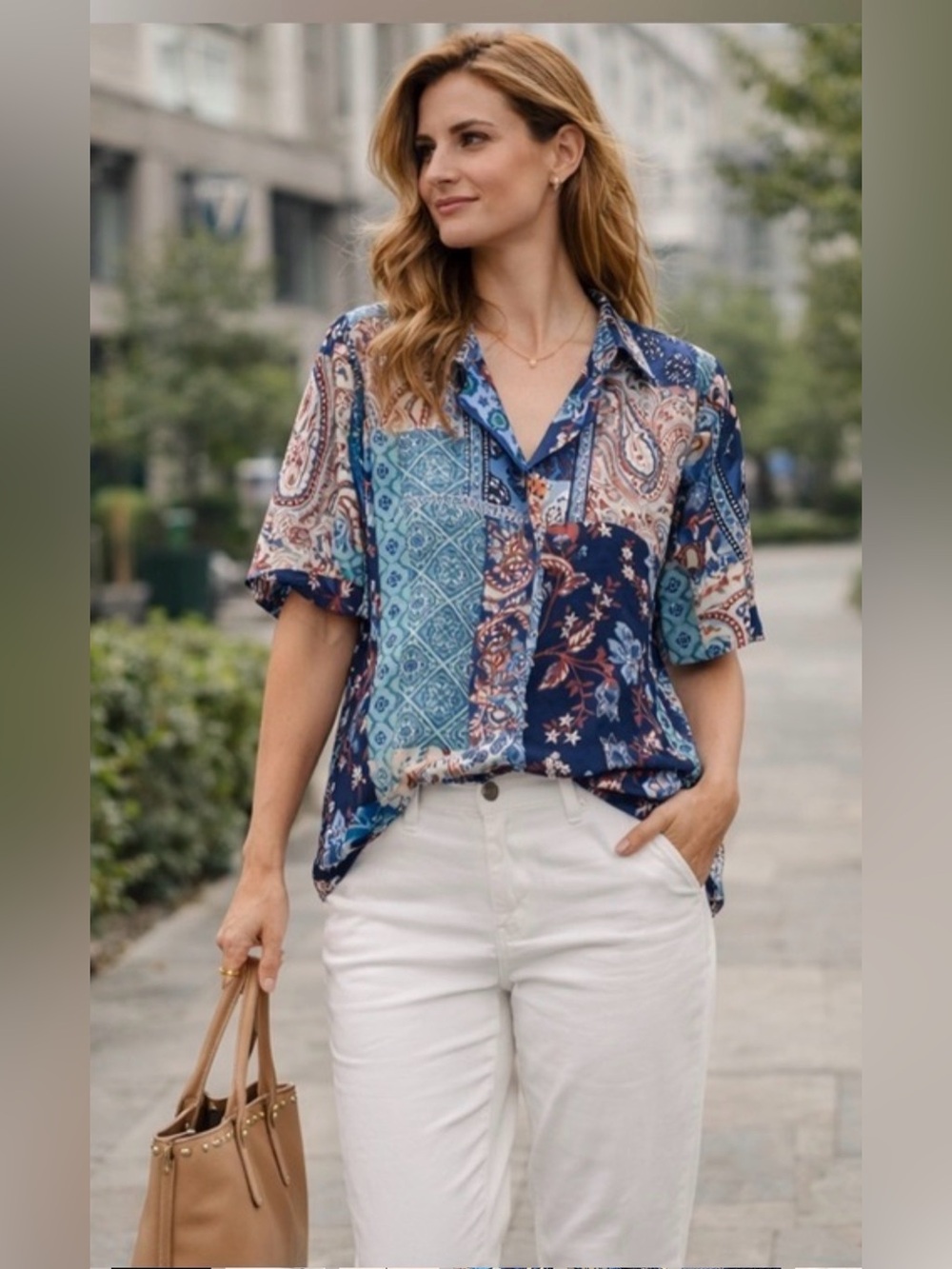 Haver & Blair Patchwork Blouse Womens XL Blue Polyester Paisley Button Up Shirt